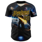 Custom Black Gold 3D Pattern Design Outer Space Light Swords American Flag Authentic Baseball Jersey