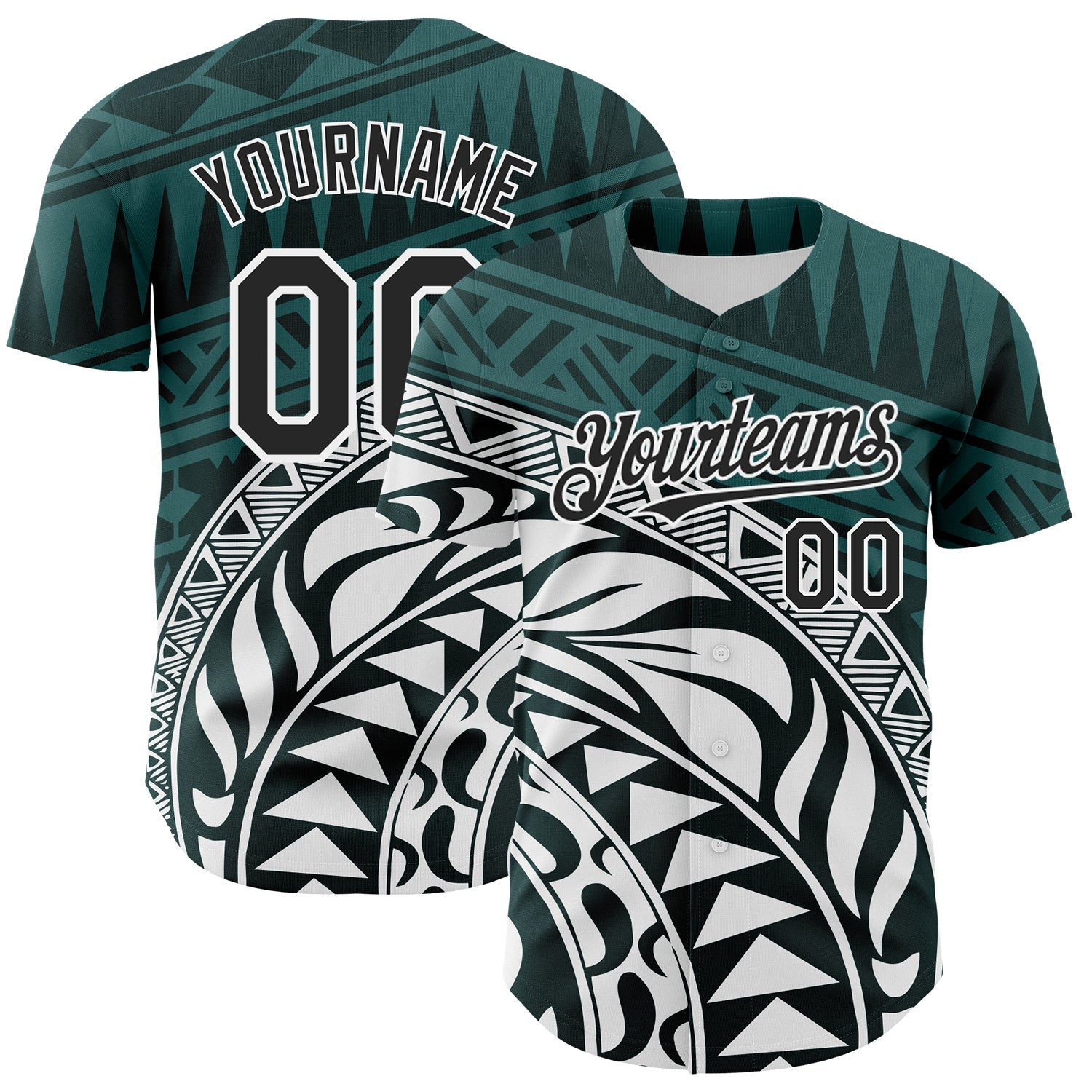 Custom Teal Black-White 3D Polynesian Style Islander Authentic Baseball Jersey