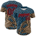 Custom Black Sky Blue Old Gold-Fire Red 3D Polynesian Style Islander Authentic Baseball Jersey