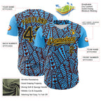 Custom Sky Blue Black Brown-Gold 3D Polynesian Style Islander Authentic Baseball Jersey