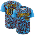 Custom Sky Blue Black Brown-Gold 3D Polynesian Style Islander Authentic Baseball Jersey