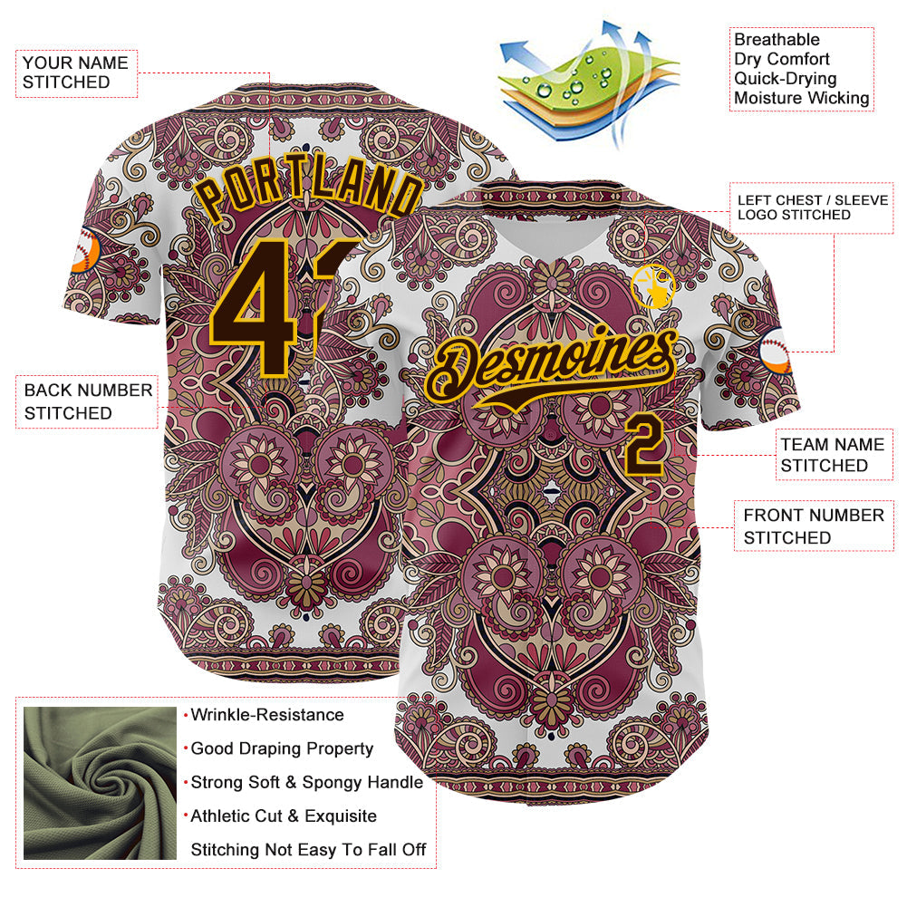 Custom White Brown Red-Yellow 3D Pattern Design Burner Costumes Exotic Authentic Baseball Jersey