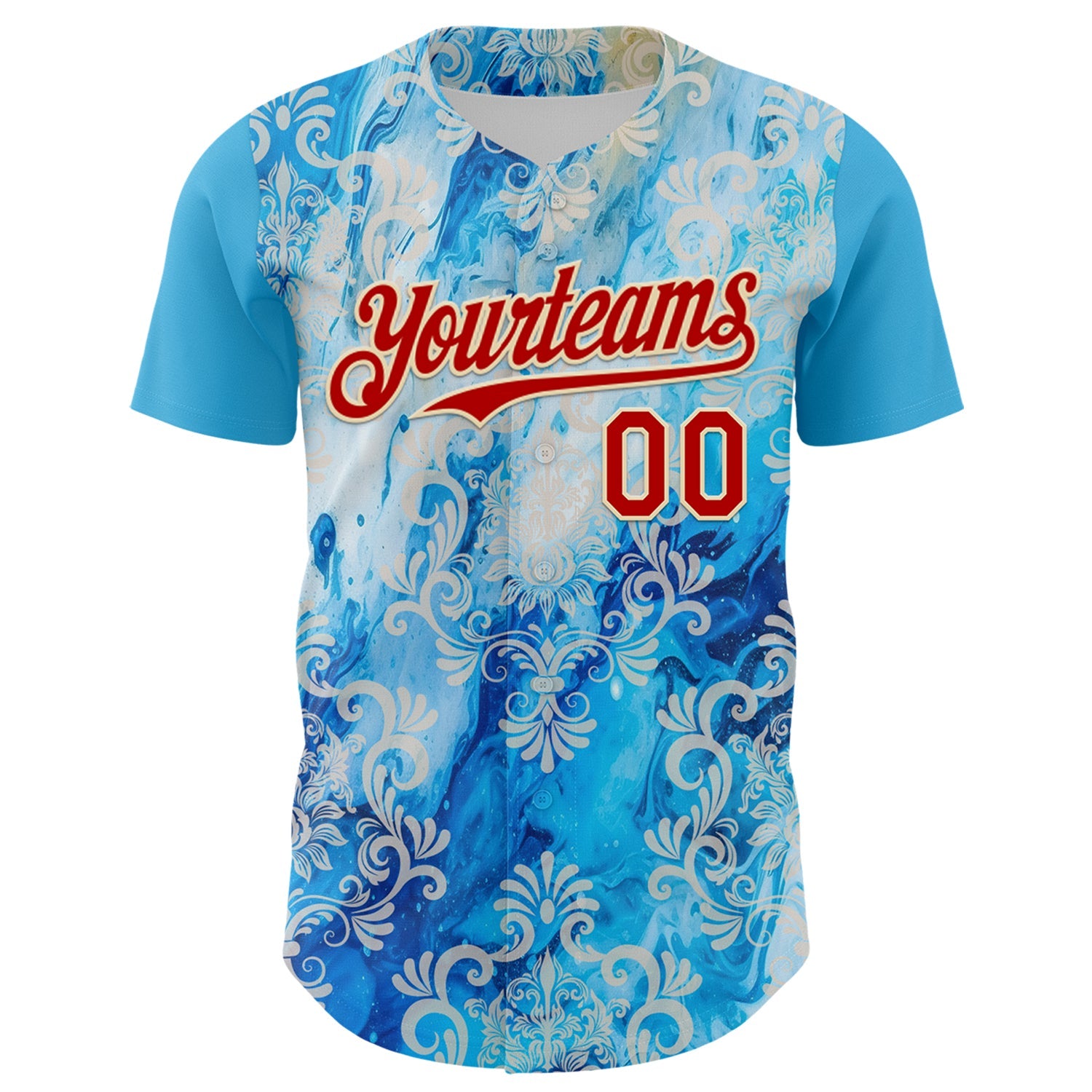 Custom Sky Blue Red-Cream 3D Pattern Design Burner Costumes Paisley Bandana Authentic Baseball Jersey