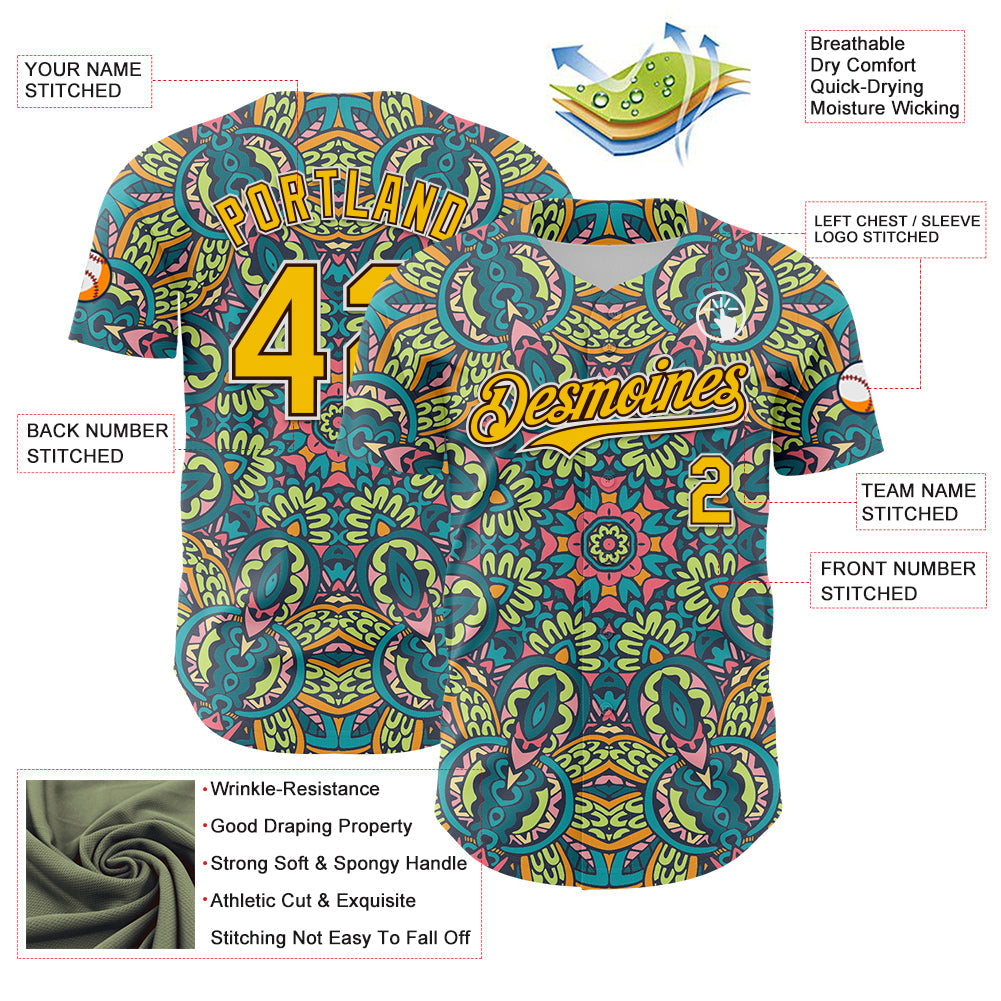 Custom Green Yellow Brown-White 3D Pattern Design Burner Costumes Exotic Authentic Baseball Jersey