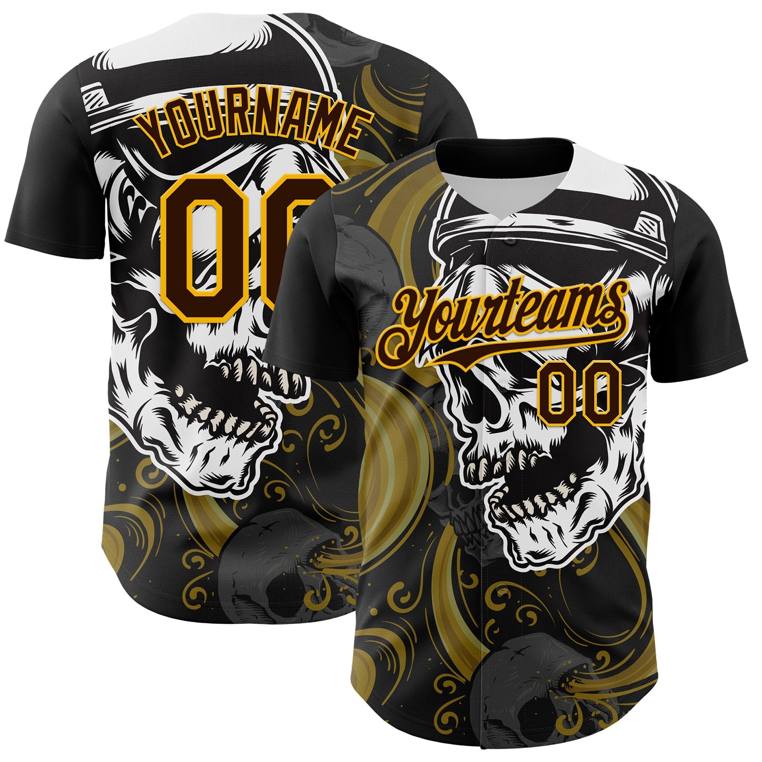 Custom Black Brown Yellow-White 3D Pattern Design Burner Costumes Skull Authentic Baseball Jersey