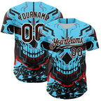 Custom Blue Brown-White 3D Pattern Design Burner Costumes Cyber Skull Authentic Baseball Jersey