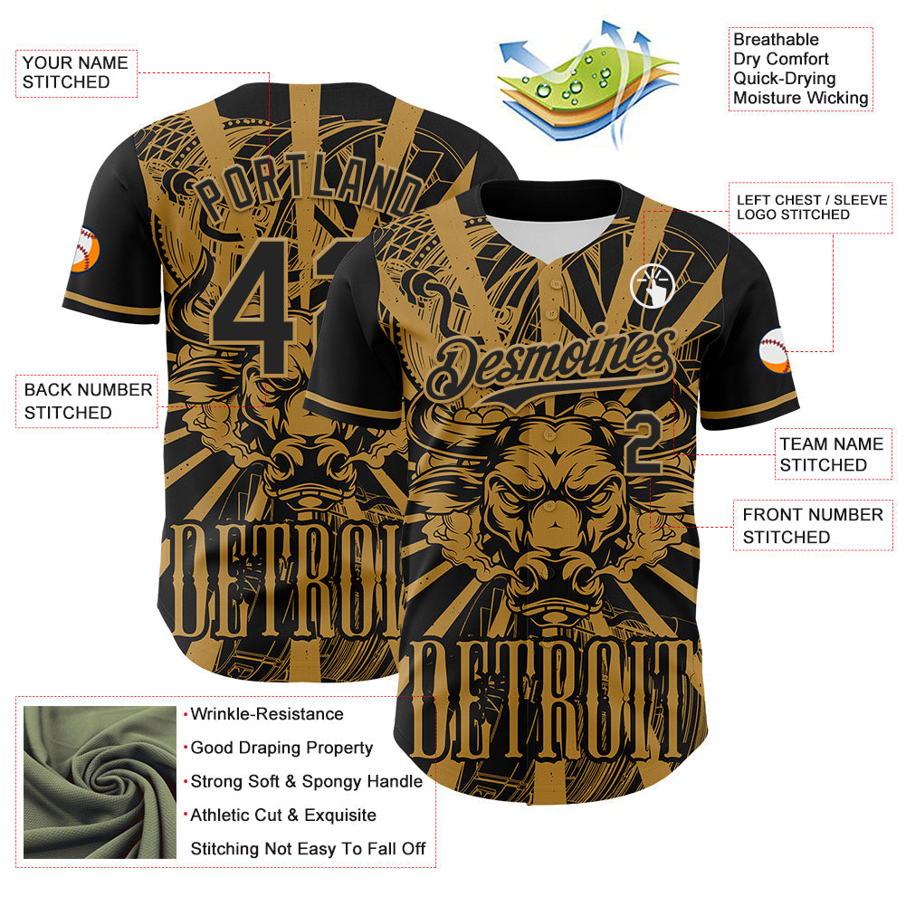 Custom Black Old Gold 3D Pattern Design Detroit Cityscape Steampunk Engine Bull Authentic Baseball Jersey