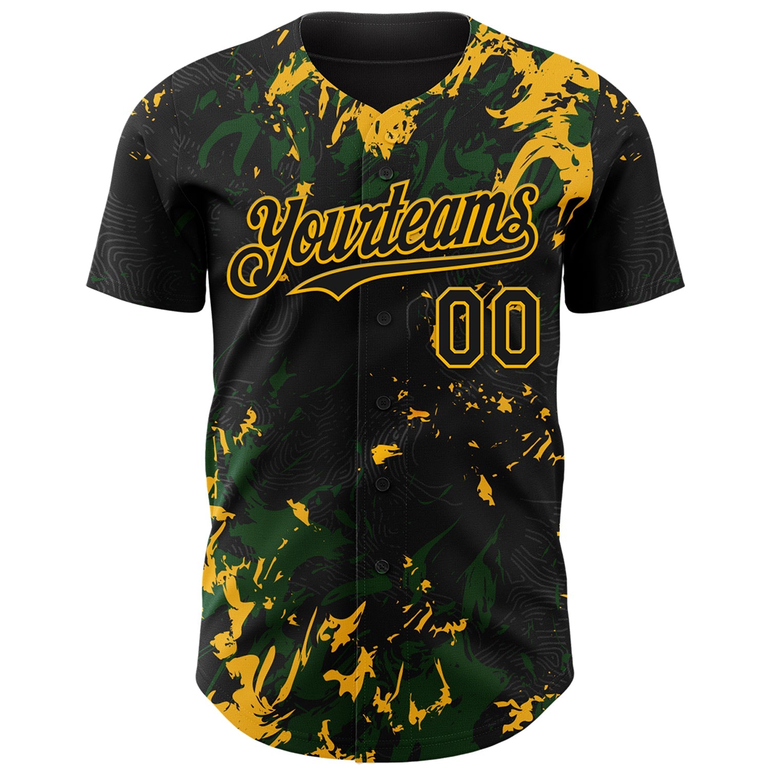 Custom Black Green-Gold 3D Pattern Design Splash Authentic Baseball Jersey