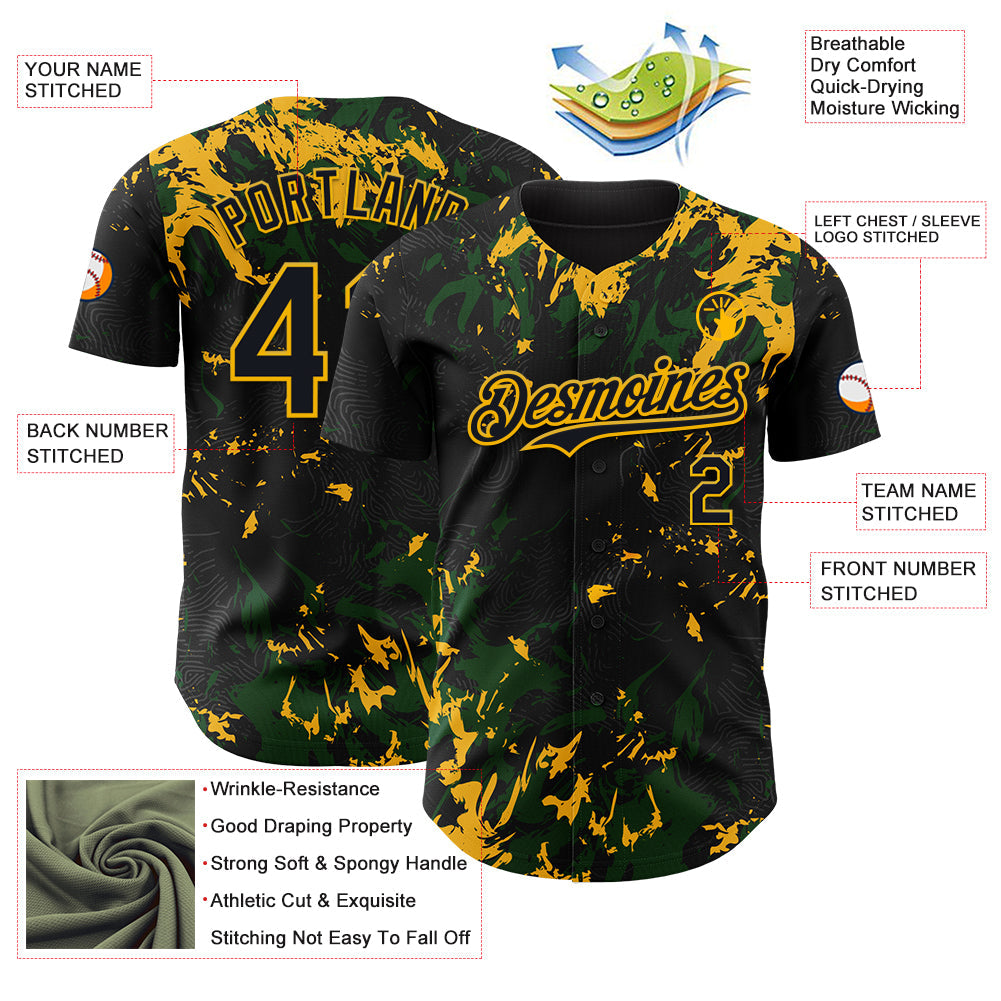 Custom Black Green-Gold 3D Pattern Design Splash Authentic Baseball Jersey