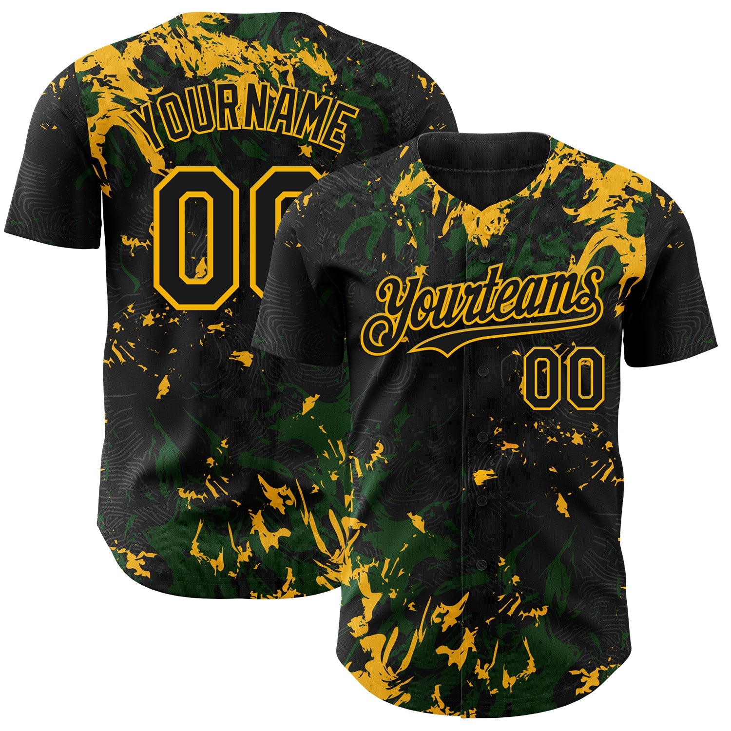 Custom Black Green-Gold 3D Pattern Design Splash Authentic Baseball Jersey
