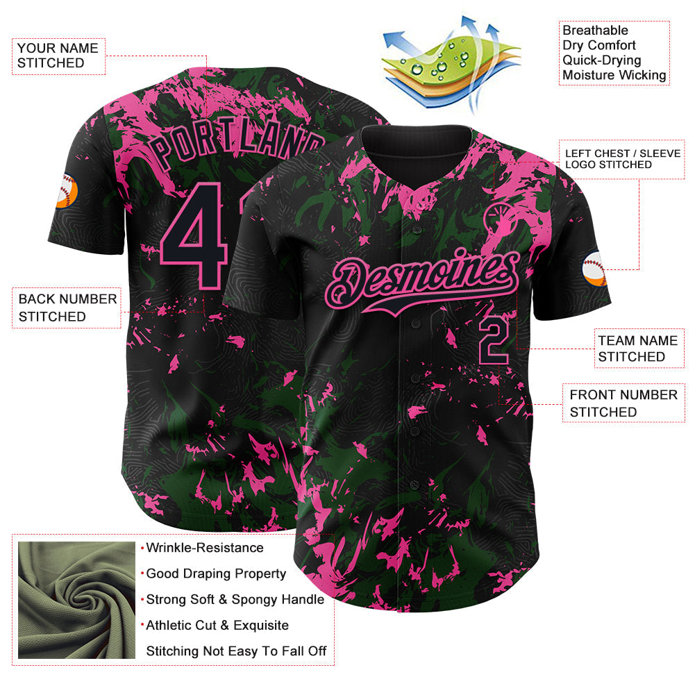 Custom Black Green-Pink 3D Pattern Design Splash Authentic Baseball Jersey