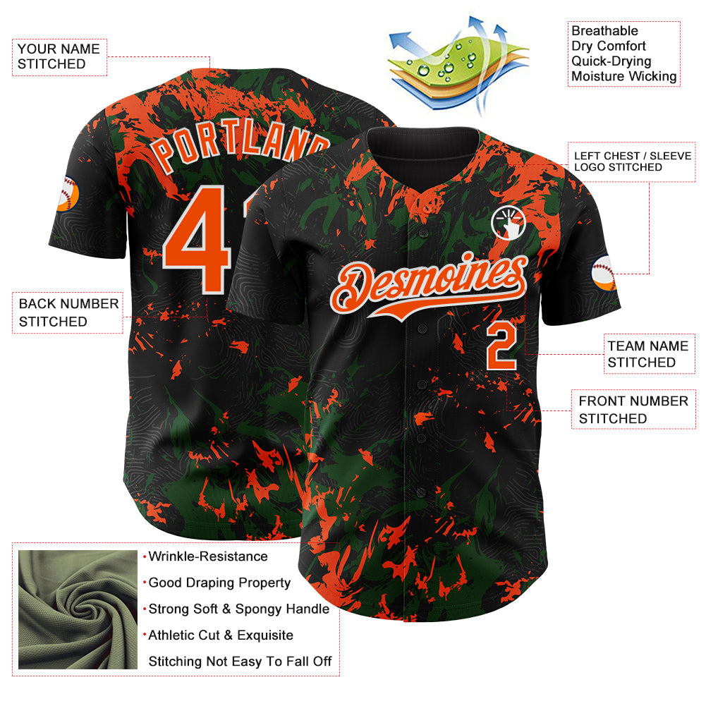 Custom Black Orange Green-White 3D Pattern Design Splash Authentic Baseball Jersey