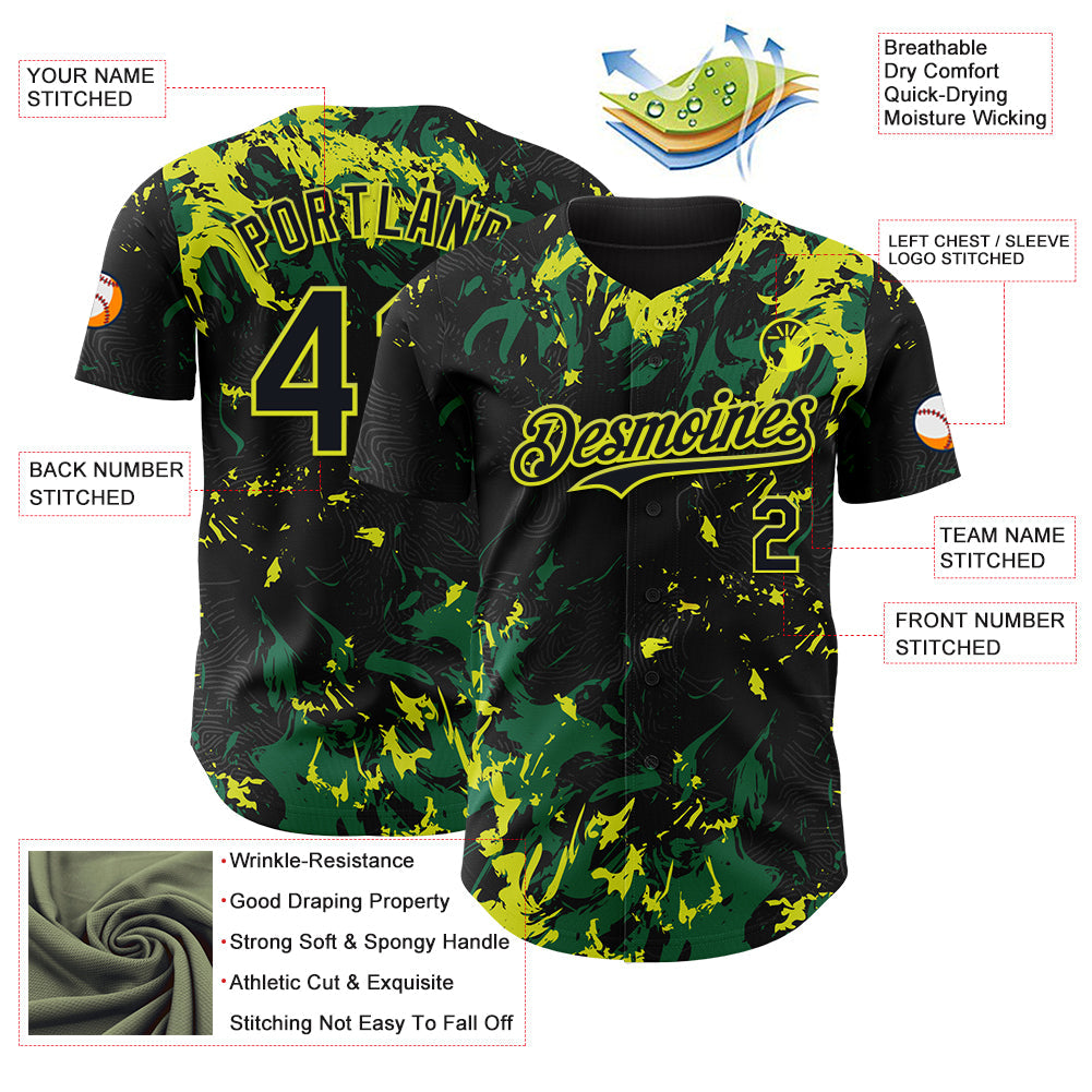 Custom Black Kelly Green-Neon Yellow 3D Pattern Design Splash Authentic Baseball Jersey