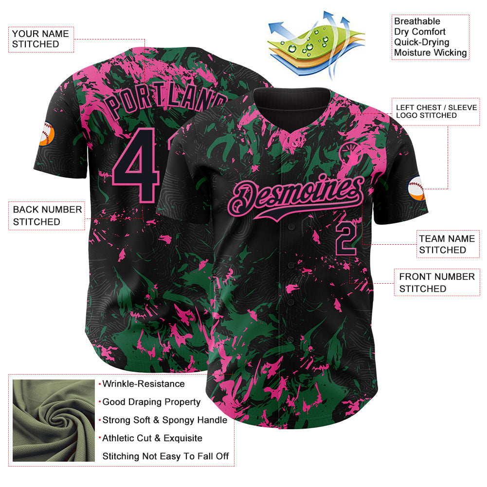 Custom Black Kelly Green-Pink 3D Pattern Design Splash Authentic Baseball Jersey