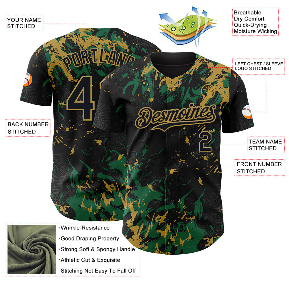 Custom Black Kelly Green-Old Gold 3D Pattern Design Splash Authentic Baseball Jersey