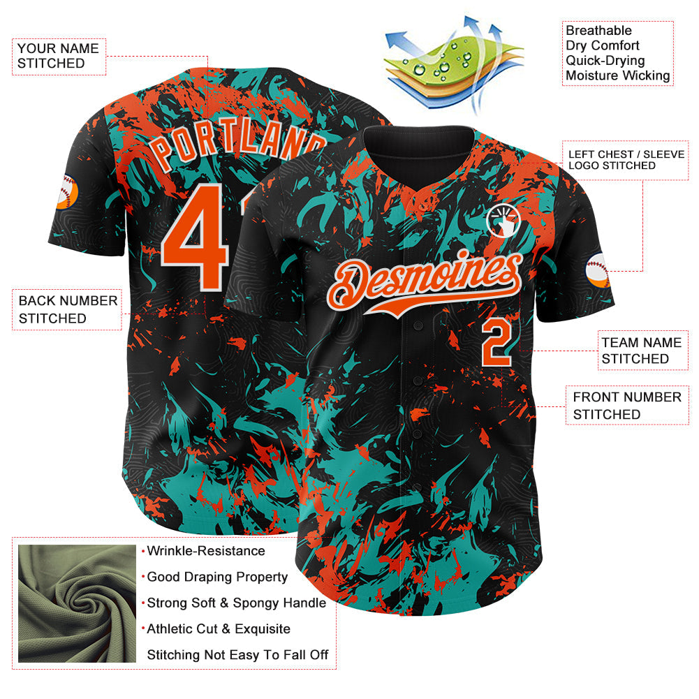Custom Black Orange Aqua-White 3D Pattern Design Splash Authentic Baseball Jersey