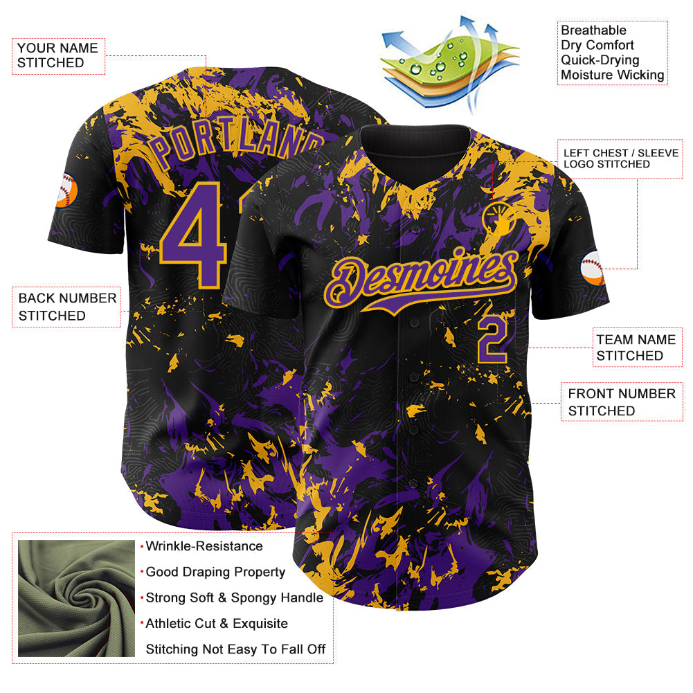 Custom Black Purple-Gold 3D Pattern Design Splash Authentic Baseball Jersey