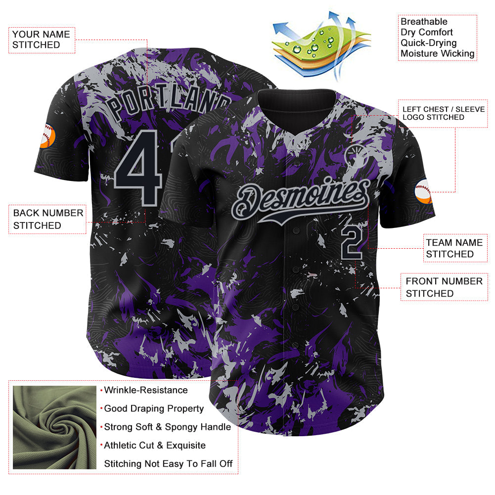 Custom Black Purple-Gray 3D Pattern Design Splash Authentic Baseball Jersey