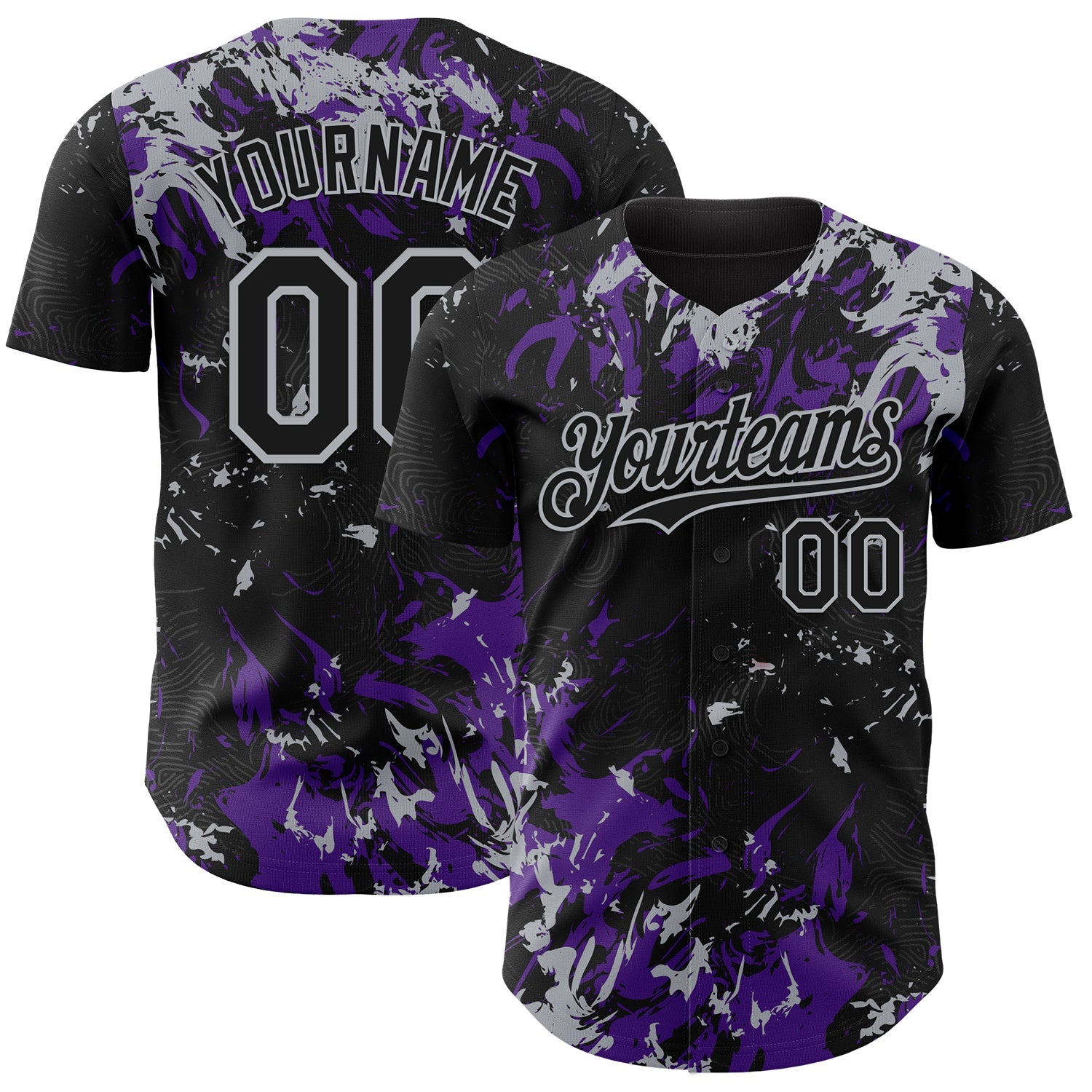Custom Black Purple-Gray 3D Pattern Design Splash Authentic Baseball Jersey