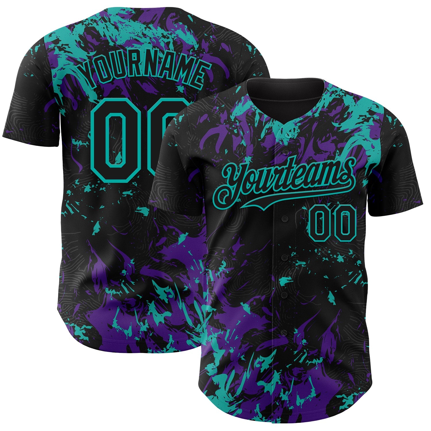 Custom Black Purple-Aqua 3D Pattern Design Splash Authentic Baseball Jersey