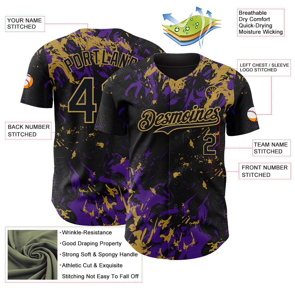 Custom Black Purple-Old Gold 3D Pattern Design Splash Authentic Baseball Jersey