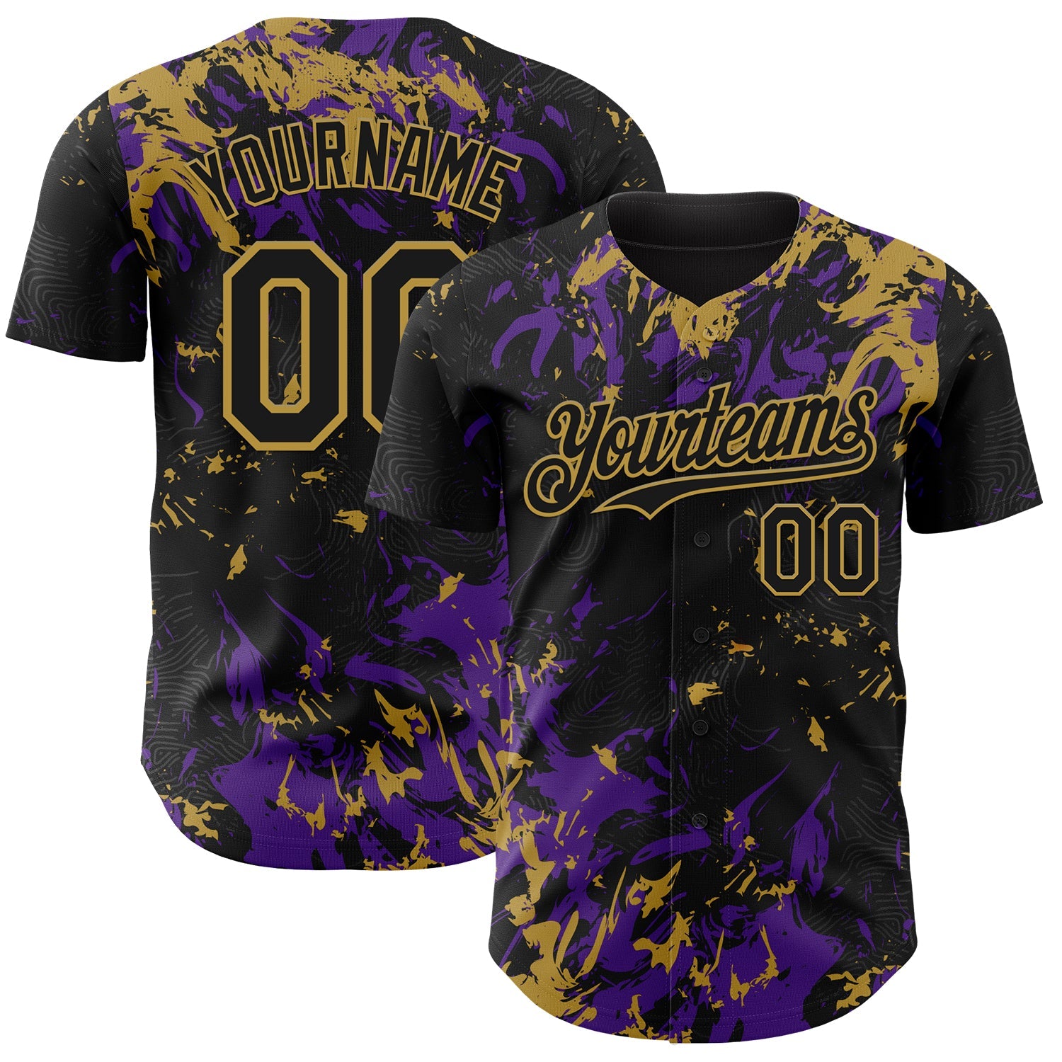 Custom Black Purple-Old Gold 3D Pattern Design Splash Authentic Baseball Jersey