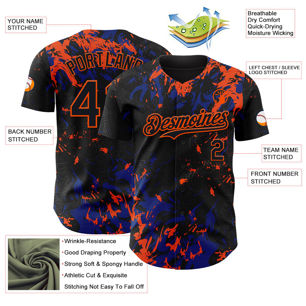 Custom Black Royal-Orange 3D Pattern Design Splash Authentic Baseball Jersey