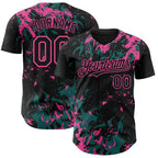 Custom Black Teal-Pink 3D Pattern Design Splash Authentic Baseball Jersey