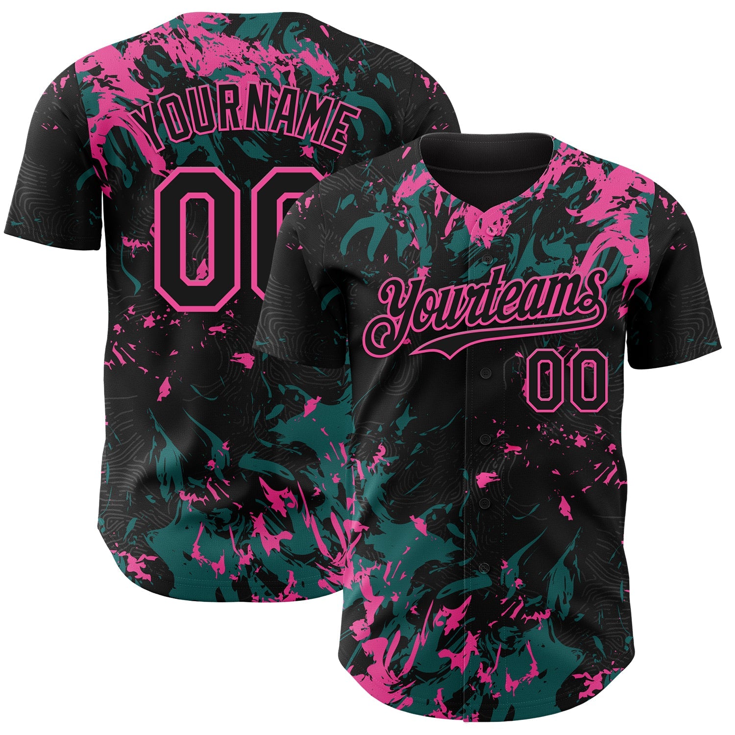 Custom Black Teal-Pink 3D Pattern Design Splash Authentic Baseball Jersey