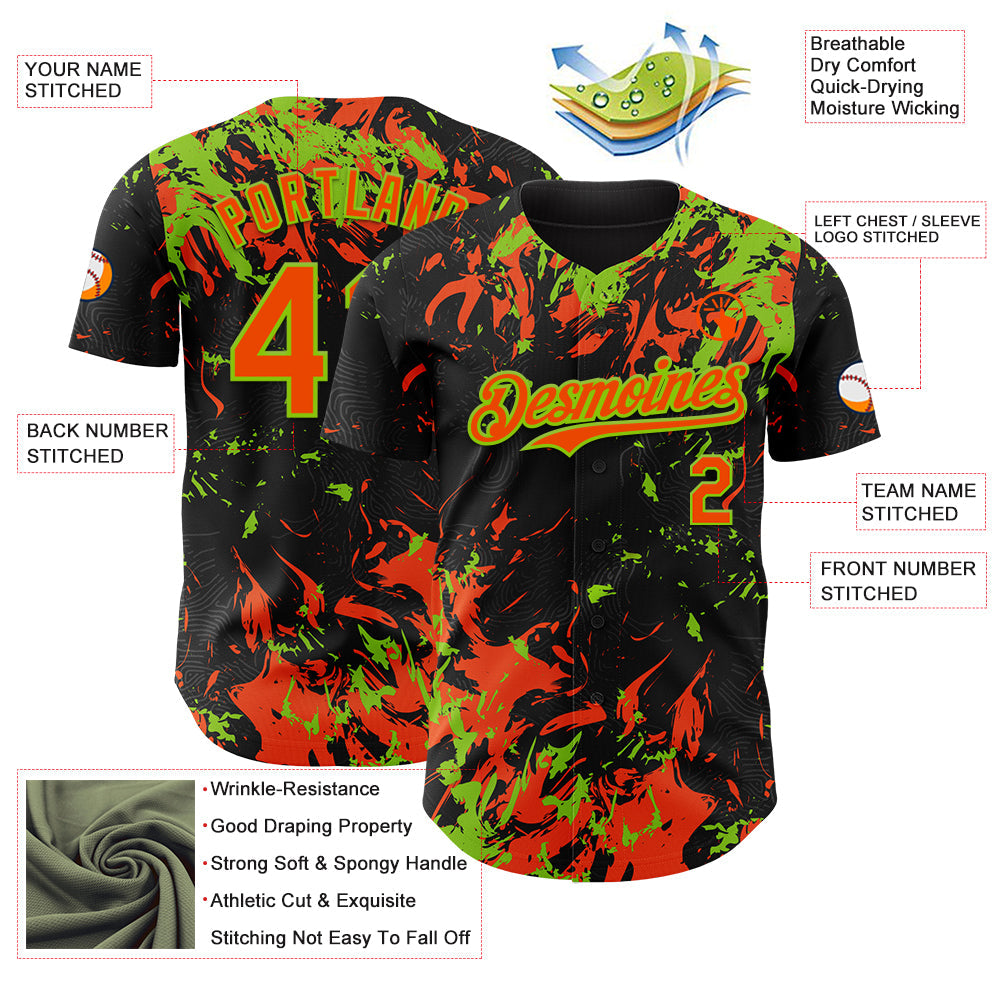 Custom Black Orange-Neon Green 3D Pattern Design Splash Authentic Baseball Jersey