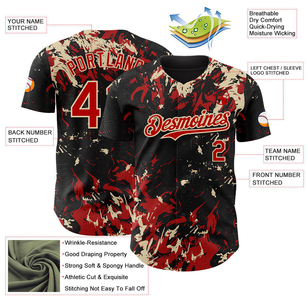 Custom Black Red-Cream 3D Pattern Design Splash Authentic Baseball Jersey