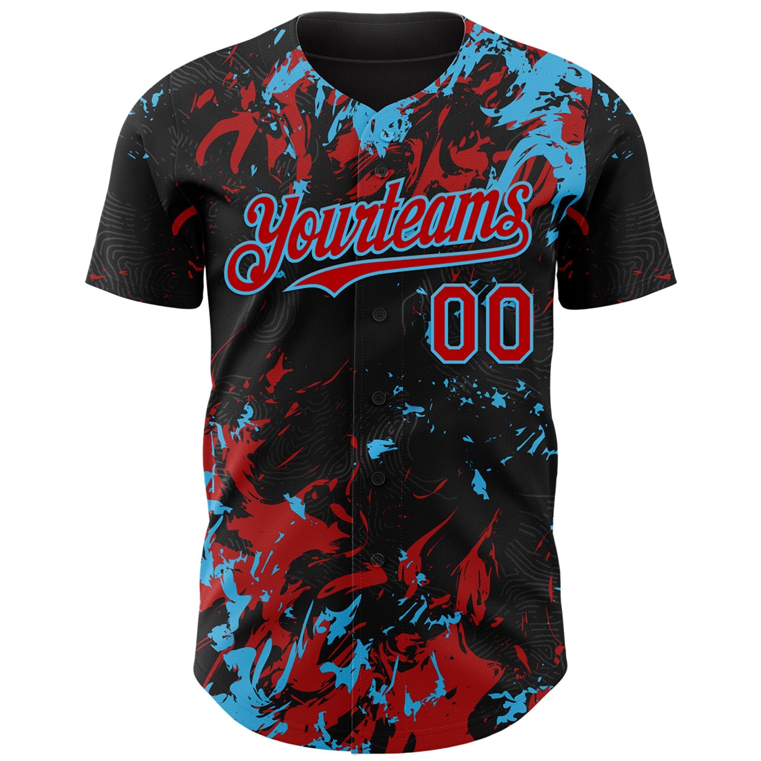 Custom Black Red-Sky Blue 3D Pattern Design Splash Authentic Baseball Jersey