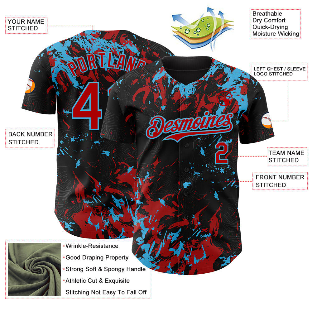 Custom Black Red-Sky Blue 3D Pattern Design Splash Authentic Baseball Jersey