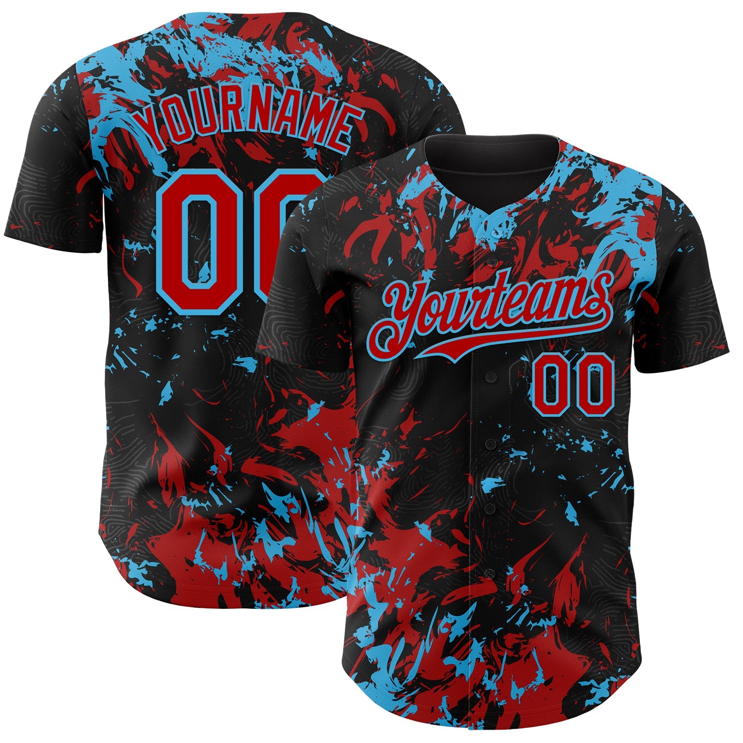 Custom Black Red-Sky Blue 3D Pattern Design Splash Authentic Baseball Jersey
