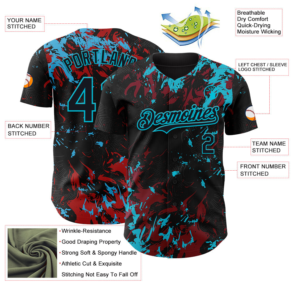 Custom Black Crimson-Lakes Blue 3D Pattern Design Splash Authentic Baseball Jersey