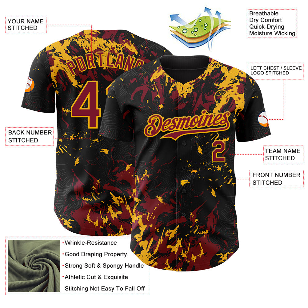 Custom Black Crimson-Gold 3D Pattern Design Splash Authentic Baseball Jersey