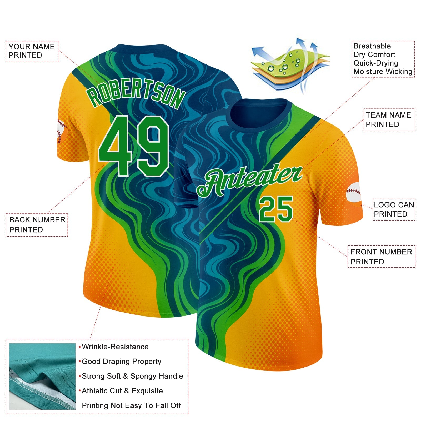 Custom Blue Grass Green Yellow-White 3D Pattern Design Brazil Marbel Sportswear Performance T-Shirt