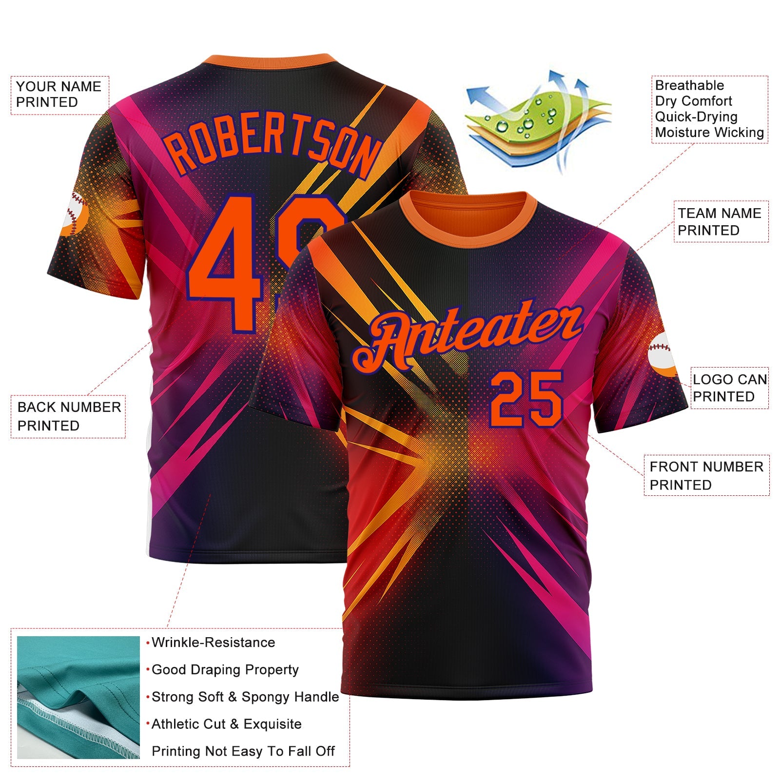 Custom Orange Pink-Dark Purple 3D Pattern Design Gradient Sportswear Performance T-Shirt