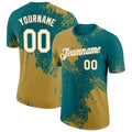Custom Teal White-Old Gold 3D Pattern Design Abstract Brush Stroke Performance T-Shirt