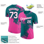 Custom Teal White-Pink 3D Pattern Design Abstract Brush Stroke Performance T-Shirt