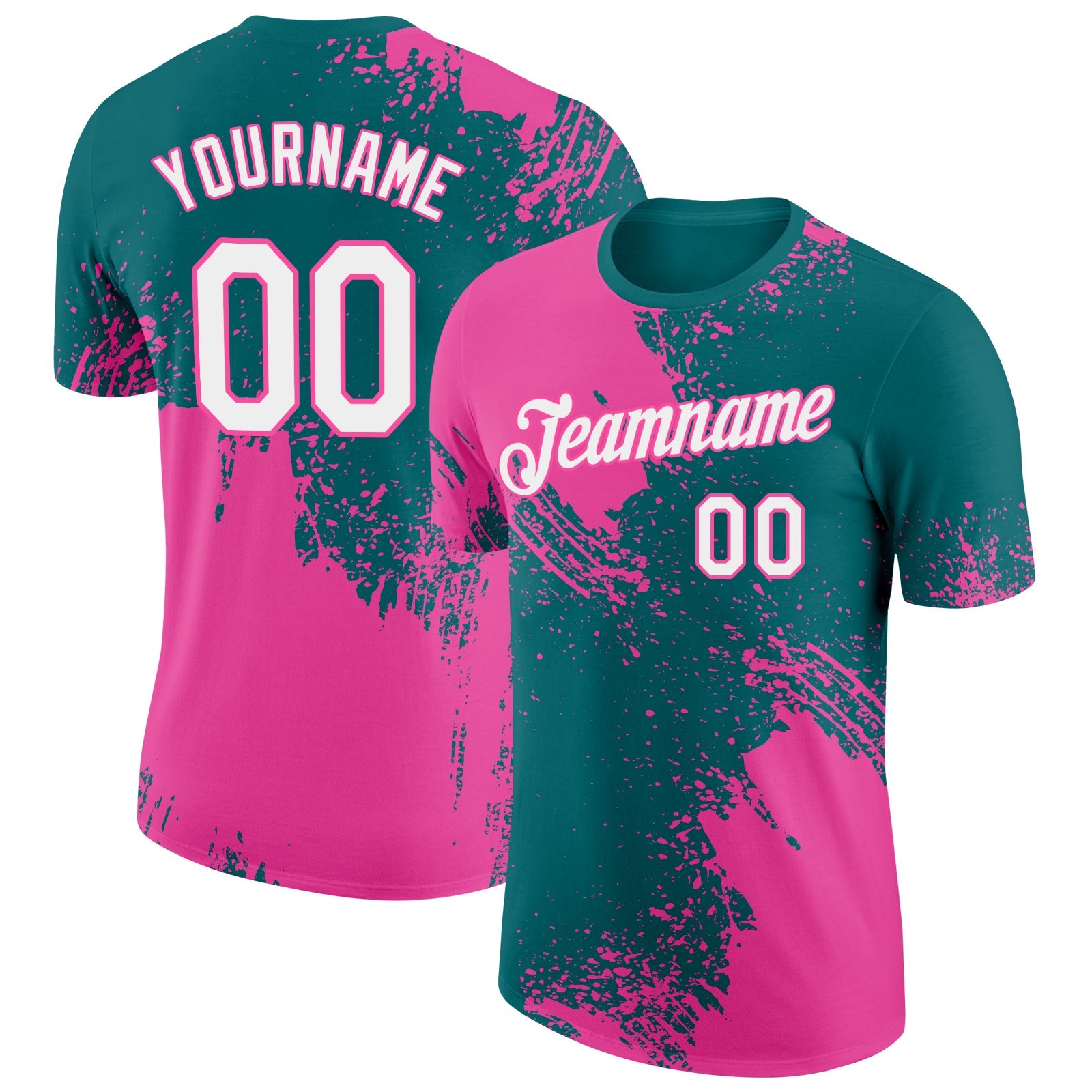 Custom Teal White-Pink 3D Pattern Design Abstract Brush Stroke Performance T-Shirt