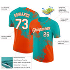Custom Aqua White-Orange 3D Pattern Design Abstract Brush Stroke Performance T-Shirt