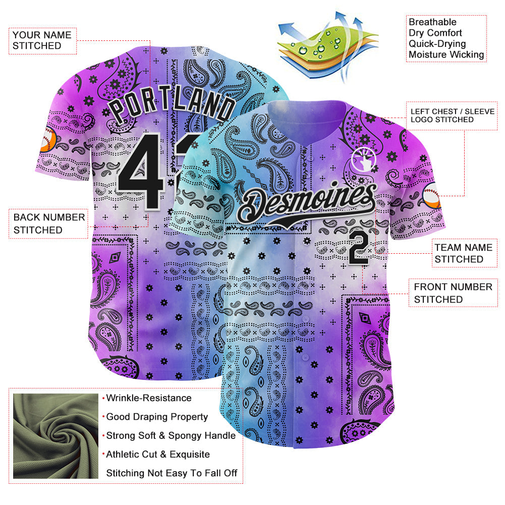Custom Purple Black Blue-White 3D Pattern Design Gradient Rave Party Ethnic Paisley Bandana Authentic Baseball Jersey