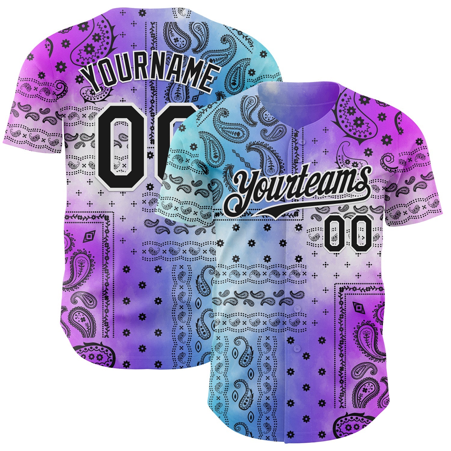Custom Purple Black Blue-White 3D Pattern Design Gradient Rave Party Ethnic Paisley Bandana Authentic Baseball Jersey