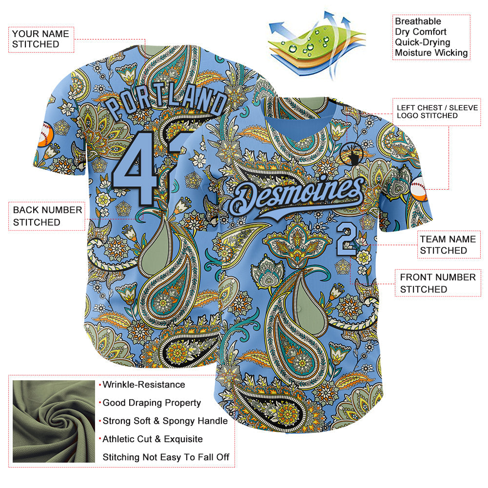 Custom Light Blue Black 3D Pattern Design Rave Party Ethnic Paisley Bandana Authentic Baseball Jersey
