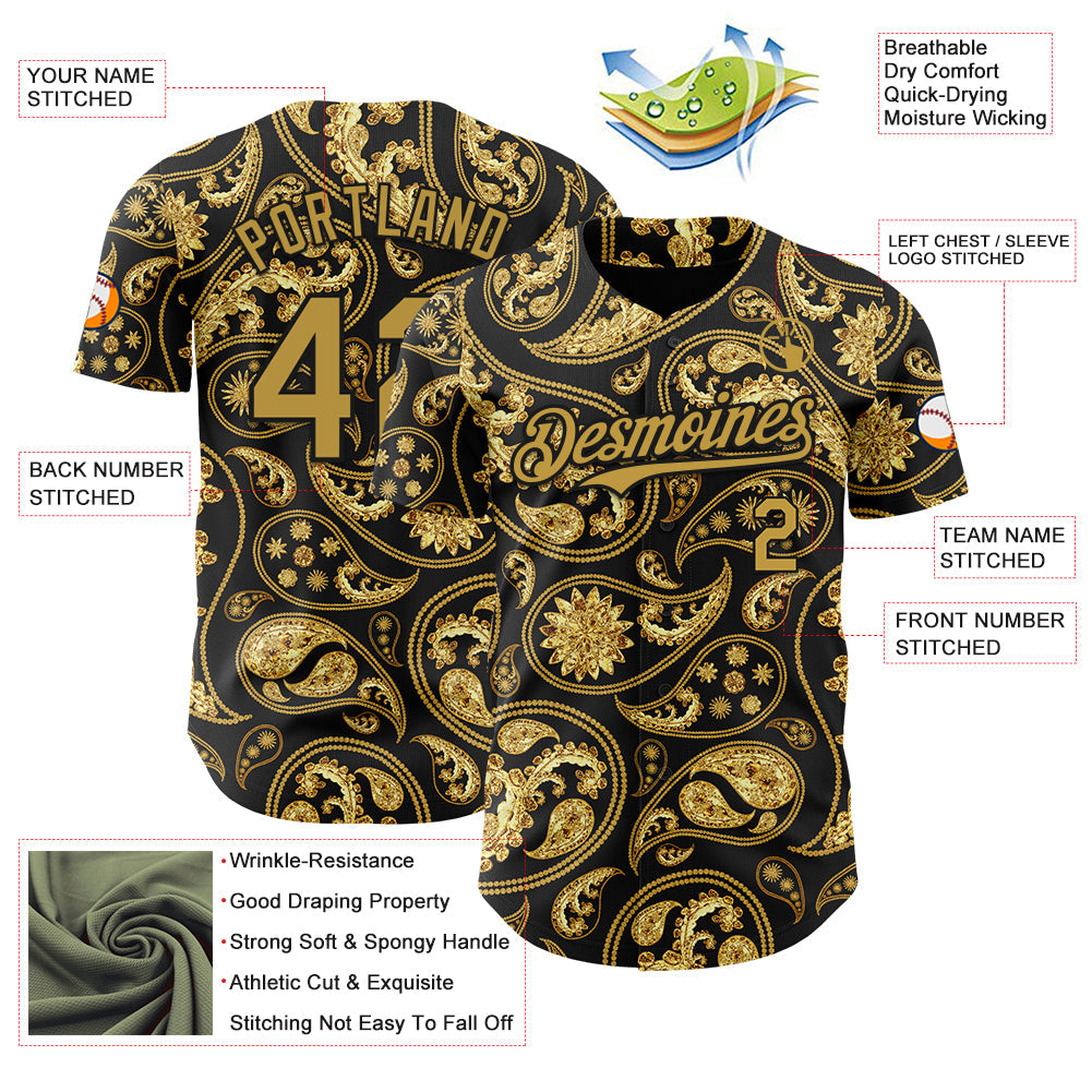 Custom Black Old Gold 3D Pattern Design Rave Party Ethnic Paisley Bandana Authentic Baseball Jersey