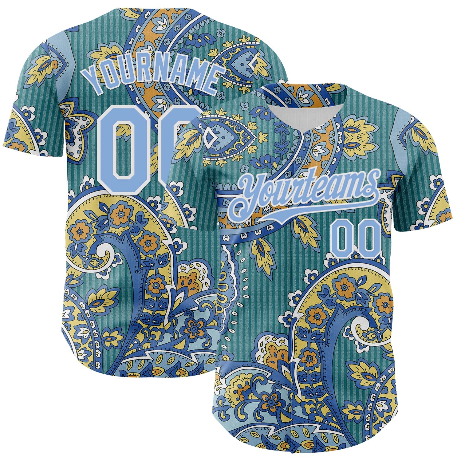 Custom Teal Light Blue-White 3D Pattern Design Rave Party Ethnic Paisley Bandana Authentic Baseball Jersey