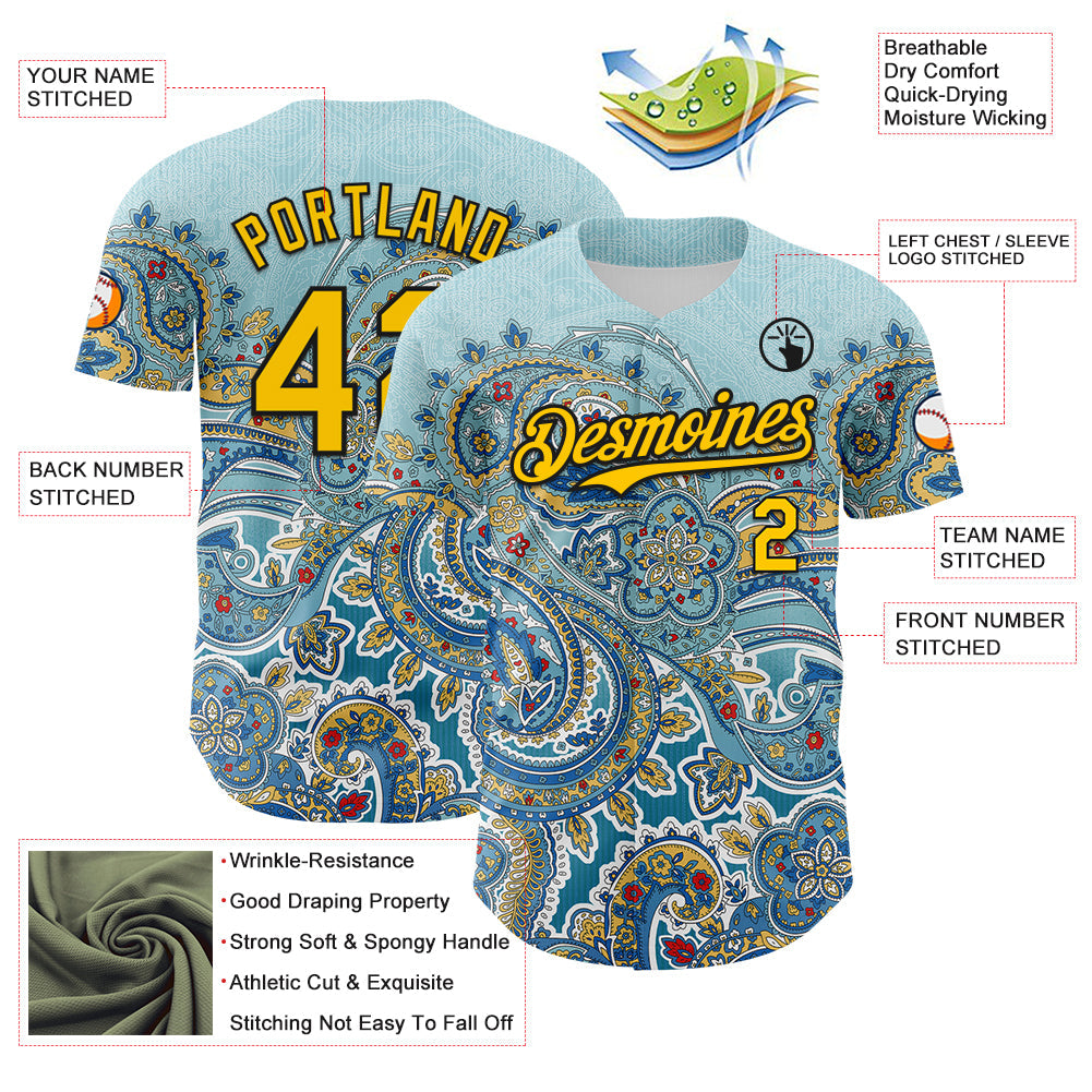 Custom Blue Yellow-Black 3D Pattern Design Rave Party Ethnic Paisley Bandana Authentic Baseball Jersey
