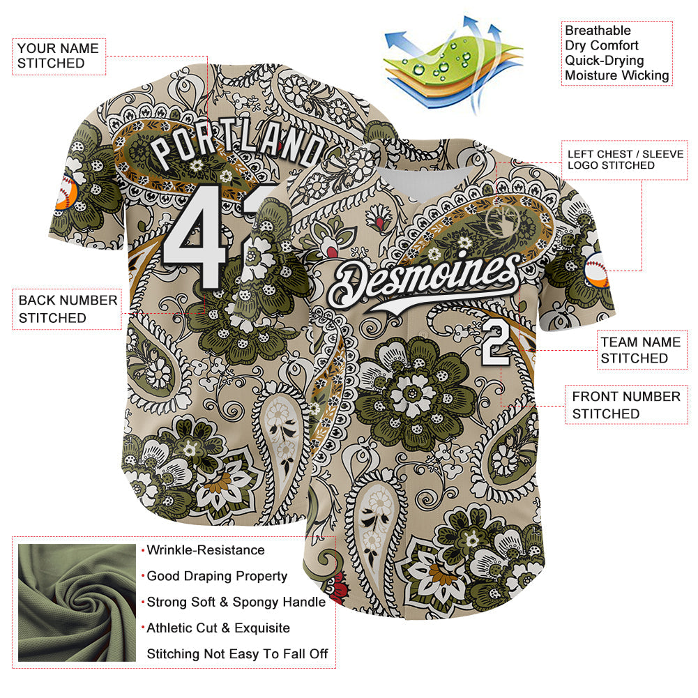 Custom City Cream White-Black 3D Pattern Design Rave Party Ethnic Paisley Bandana Authentic Baseball Jersey