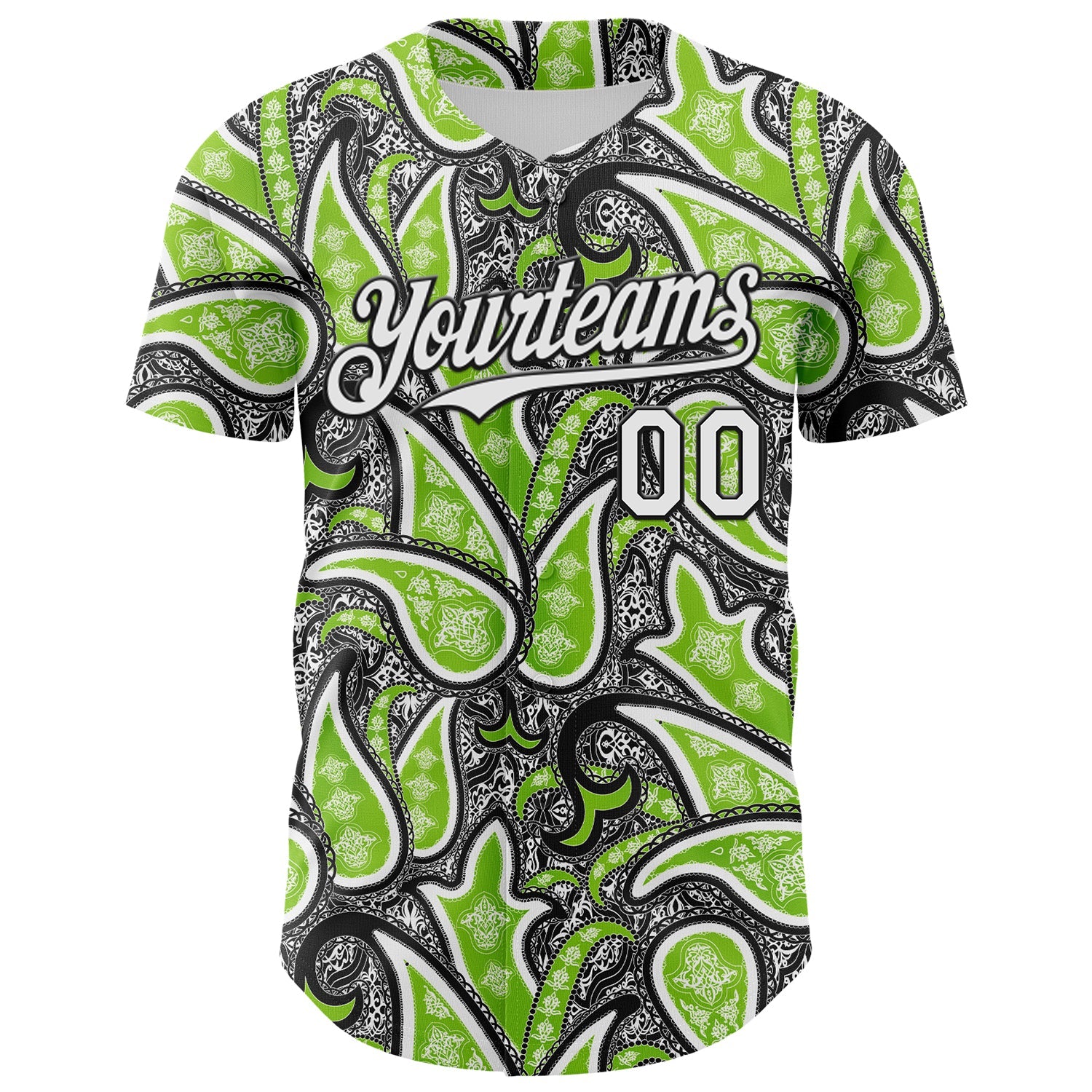 Custom Black White-Neon Green 3D Pattern Design Rave Party Ethnic Paisley Bandana Authentic Baseball Jersey